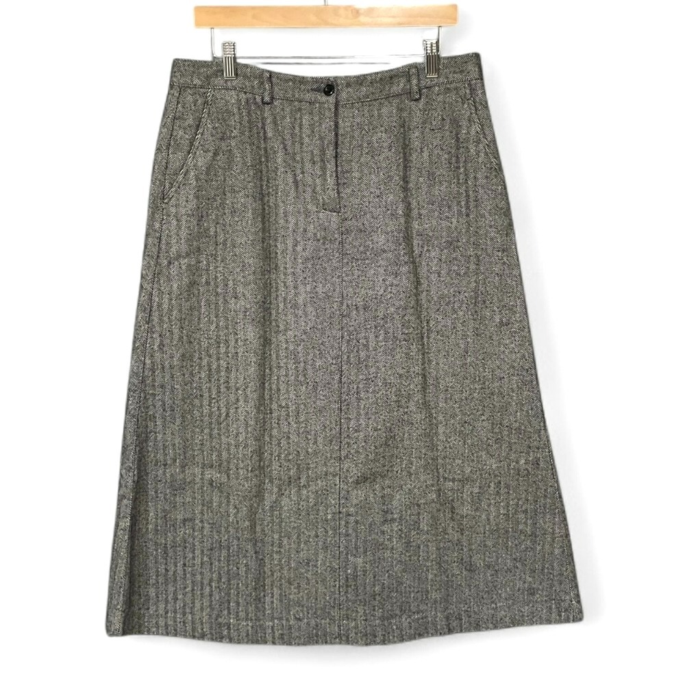 Vintage LL Bean Wool Herringbone A Line Midi‎ Skirt Size 10 Minimalist Academia